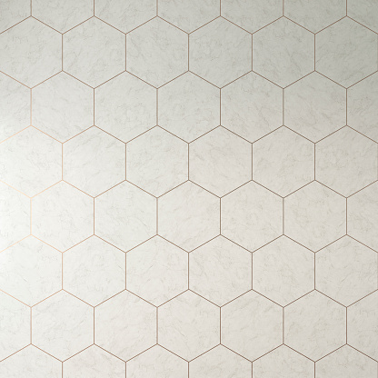 Hexagonal multi-colored tile pattern - geometric creative background of gray and beige marble grid texture with golden fugues. 3D rendered image.