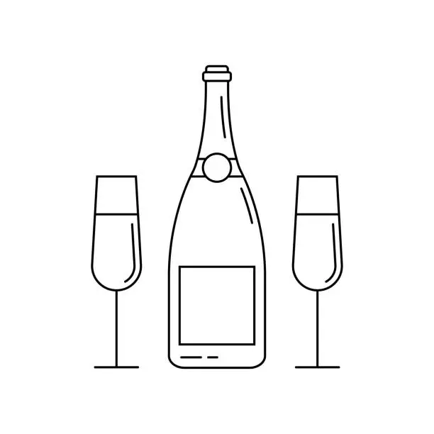 Vector illustration of Champagne wine bottle outline icon with two glasses. Line silhouette. New Year, wedding celebration symbol. Vector illustration.