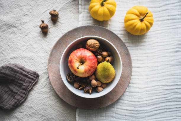Apple, pear, bowl, top view, pumpkin, yellow, retro style, linen, tablecloth, breakfast