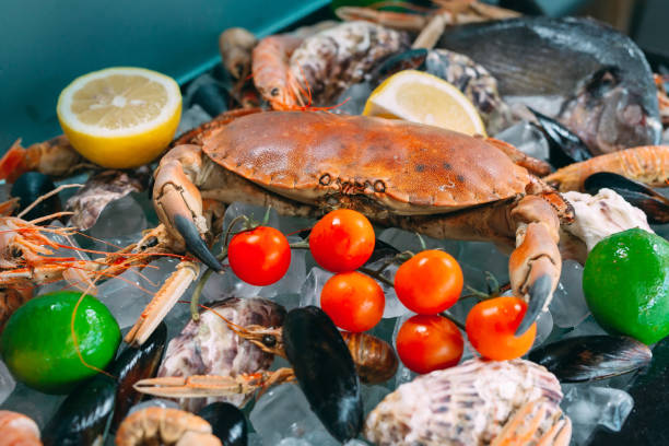 istock Seafood on ice. Crabs, sturgeon, shellfish, shrimp, Rapana, Dorado, on white ice. 1272572188