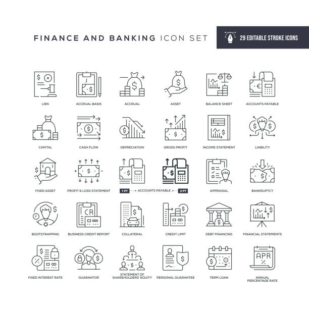 finanse i bankowość edytowalne ikony linii obrysu - bank statement stock illustrations
