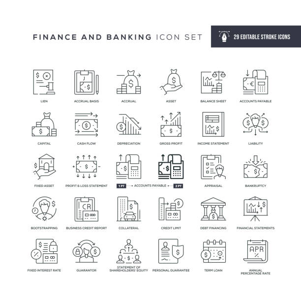 Finance and Banking Editable Stroke Line Icons 29 Finance and Banking Icons - Editable Stroke - Easy to edit and customize - You can easily customize the stroke with data icons solid stock illustrations