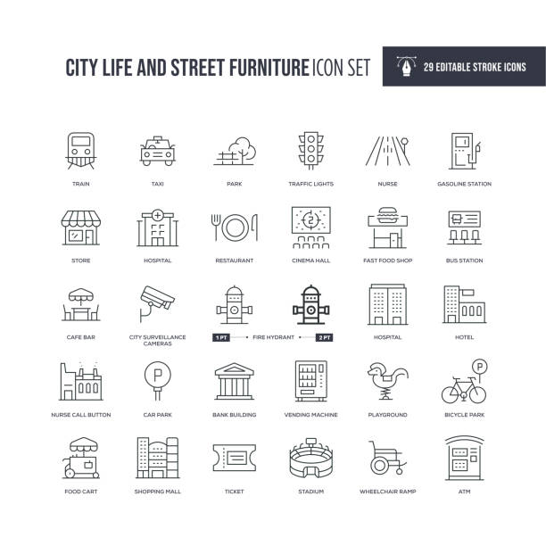 ilustrações de stock, clip art, desenhos animados e ícones de city life and street furniture editable stroke line icons - food shopping