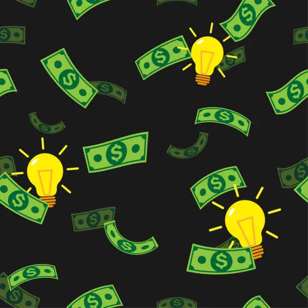 Vector illustration of Money and light bulbs pattern on black background, Pattern graphic style