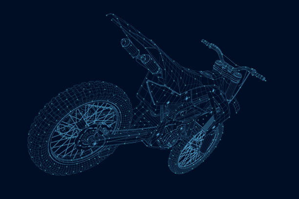 istock Wireframe of a sports motorcycle from blue lines with glowing lights isolated on a dark background. 3D. Vector illustration 1272573354