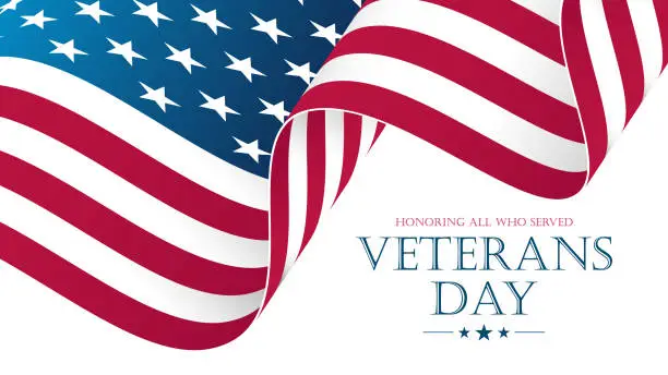 Vector illustration of USA Veterans Day celebrate banner with waving United States national flag. American national holiday.