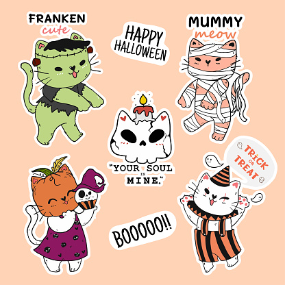 cute cat Halloween sticker collection, frankenstien, pumpkin head, mumy, doodle outline, idea for sticker, sublimation, journal, palnner, printable