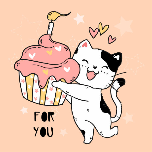 cute doodle happy smile white cat hold pink muffin with birthday candle, idea for sublimation, greeting card, cut file, printing, printable, t shirt, kid cartoon cute doodle happy smile white cat hold pink muffin with birthday candle, idea for sublimation, greeting card, cut file, printing, printable, t shirt, kid cartoon kawaii cat stock illustrations
