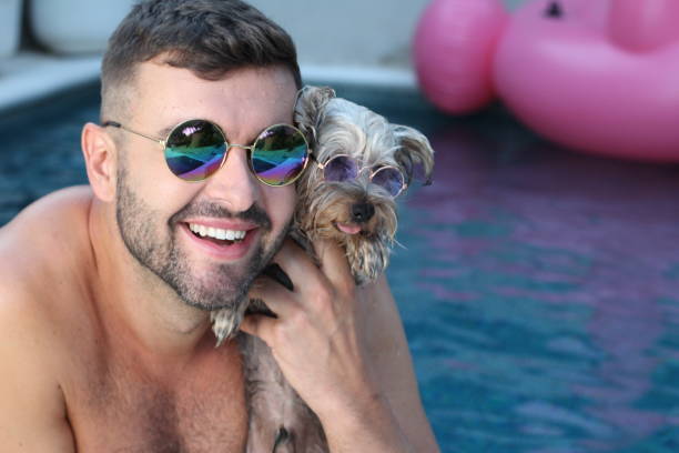 człowiek ze swoim psem w basenie - swimming animal beach casual loving zdjęcia i obrazy z banku zdjęć