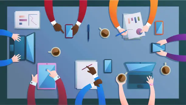 Vector illustration of Business teamwork, table top view