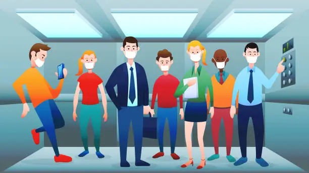Vector illustration of People while standing in the lift with face mask.