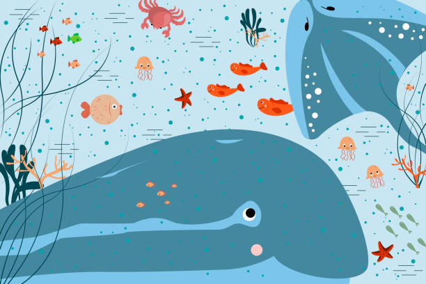 istock Cartoon underwater concept background. Sea world, cute fish and marine life, algae 1272577542