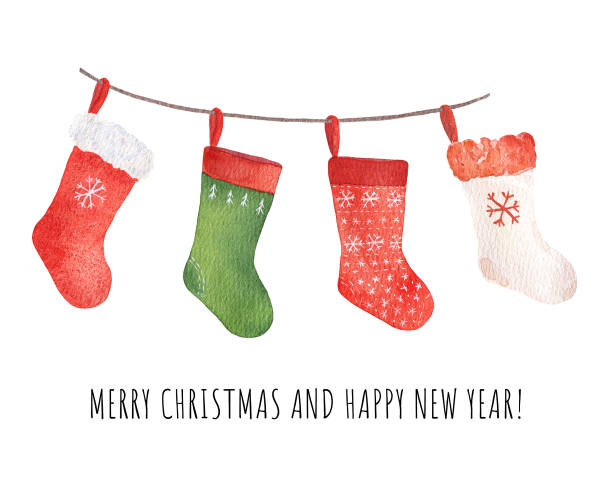 aquarell weihnachten bunte socken für geschenke isoliert auf weißem hintergrund. - weihnachtsstrumpf stock-grafiken, -clipart, -cartoons und -symbole