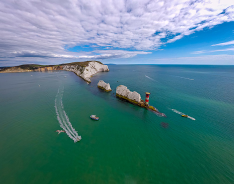 Aerial panoramic view of the Needles of Isle of WIght, UK