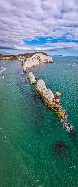 Aerial panoramic view of the Needles of Isle of WIght, UK