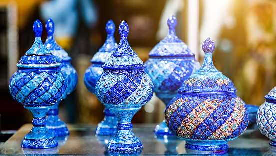 Beatiful ornamented blue ceramic vases in shop