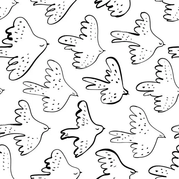 Vector illustration of Seamless vector doodle pattern with black birds. Japanese abstract motif hand painted by brush.