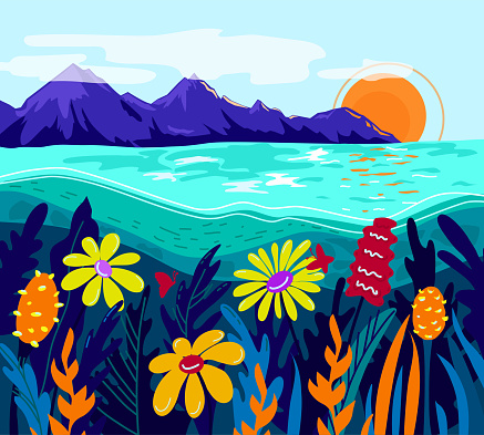 Vector colorful landscape. Mountains, sea, flowers. Summer.