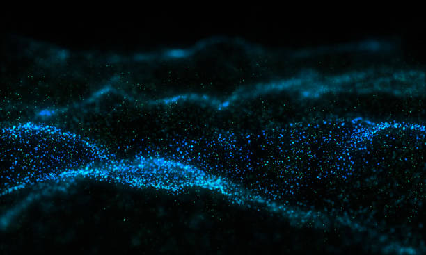 istock Abstract blue colorful particle wave background. Small round dot on black background. Copy space, 3D rendering