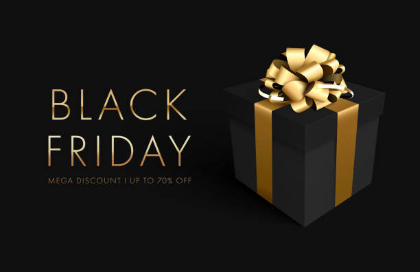 istock Black friday sale background with gift box. Banner, poster, golden text color on dark background for poster, banners, flyers, card 1272584627