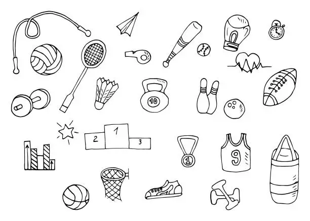 Vector illustration of Doodle drawings on the theme of sports. Sports equipment. Many elements.