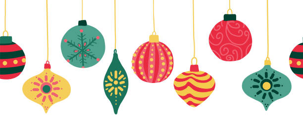 クリスマスの装飾品シームレスなベクトルボーダー。ぶら下がっているクリスマスボーブル赤い金の緑と繰り返しバナーの背景。休日グリーティングカードの装飾、レターヘッド、バナー、� - christmas gold green backgrounds点のイラスト素材／クリップアート素材／マンガ素材／アイコン素材