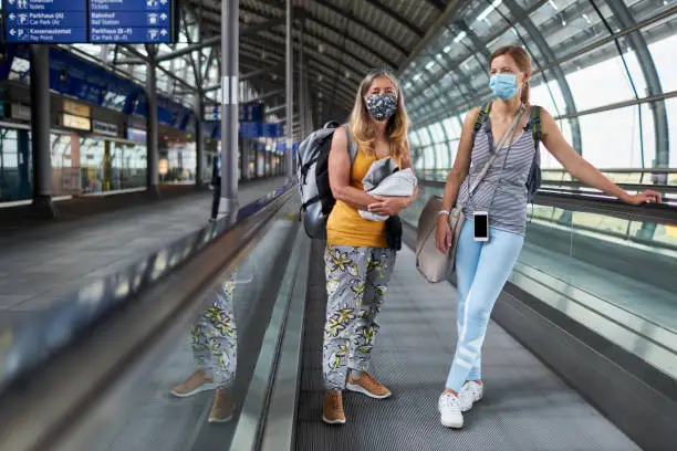 A senior woman with long hair stands with her blond middle-aged daughter on the rolling sidewalk at the airport, wearing surgical masks or face masks before they go on vacation, high-resolution photographed with copy space