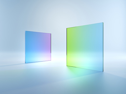 Renderizado en 3D, formas geométricas simples abstractas aisladas sobre fondo blanco. Vidrio cuadrado plano con degradado verde violáceo azul. Concepto minimalista moderno photo