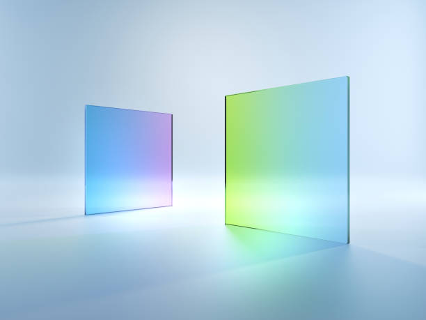 3d レンダリング、白い背景に分離された抽象的な単純な幾何学的形状。青紫色のグラデーションの平らな正方形のガラス。現代の最小の概念 - 半透明 ストックフォトと画像