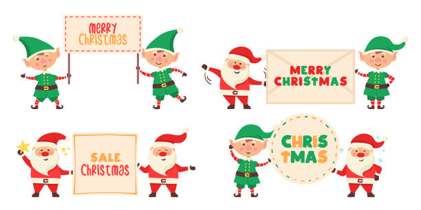 ilustraciones, imágenes clip art, dibujos animados e iconos de stock de papá noel con estandarte. - santa claus christmas pointing frame