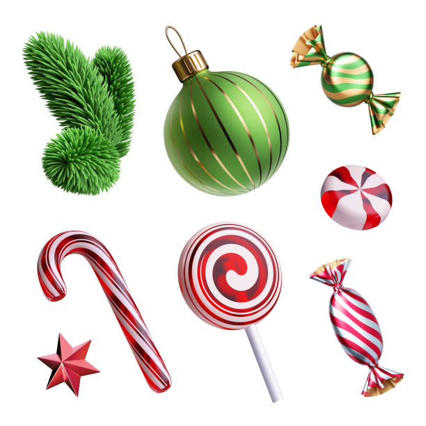 3d render, set of christmas tree ornaments: glass ball, star, candy cane, caramel sweets, evergreen spruce twig. decorative elements collection, festive clip art isolated on white background. - stick of hard candy candy stick sweet food imagens e fotografias de stock