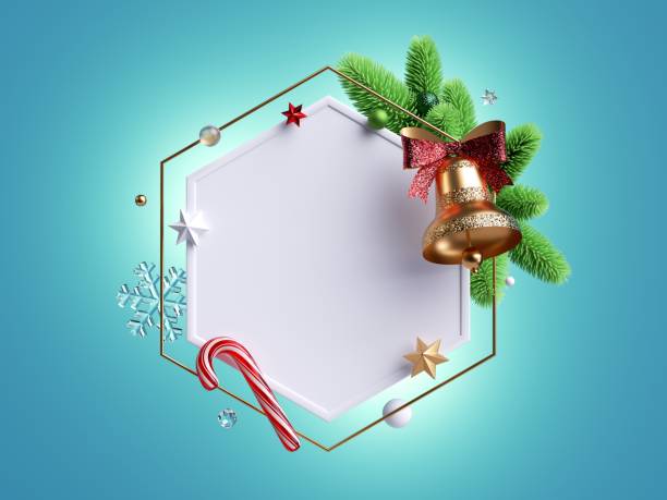 istock 3d render, Christmas background with blank round frame. Spruce wreath decorated with golden bell, glass balls and festive ornaments, isolated on blue 1272590270