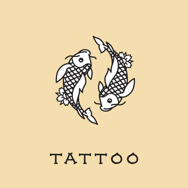 Pisces zodiac sign tattoo with two koi fishes floating around each other. Two koi fishes floating around each other, a popular tattoo design done in old school technique. pisces fish tattoo designs drawing stock illustrations