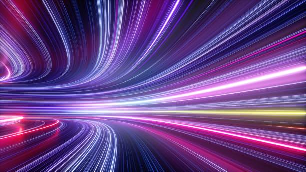 renderizado 3d, fondo de neón abstracto, túnel espacial girando a la izquierda, rayos ultra violetas, líneas brillantes, salto de realidad virtual, velocidad de la luz, cuerdas de espacio y tiempo, luces nocturnas de carretera - velocidad fotografías e imágenes de stock