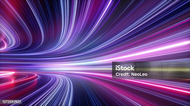 3d Render Abstract Neon Background Space Tunnel Turning To Left Ultra Violet Rays Glowing Lines Virtual Reality Jump Speed Of Light Space And Time Strings Highway Night Lights Stock Photo - Download Image Now