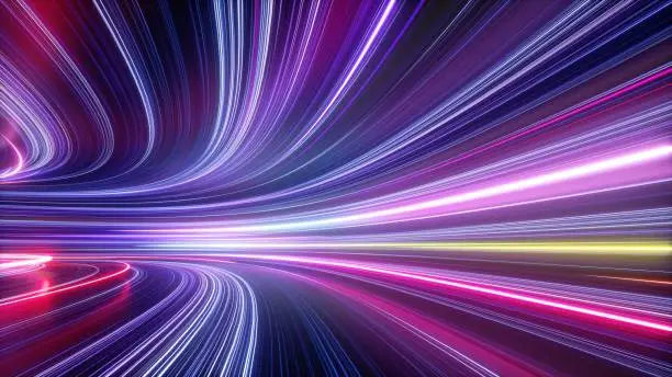Photo of 3d render, abstract neon background, space tunnel turning to left, ultra violet rays, glowing lines, virtual reality jump, speed of light, space and time strings, highway night lights
