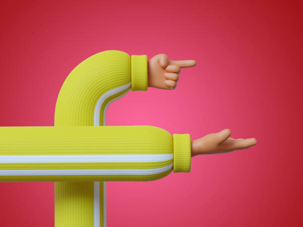 istock 3d render, funny cartoon character hands wearing yellow sleeves, pointing right direction, clip art isolated on red background 1272593202