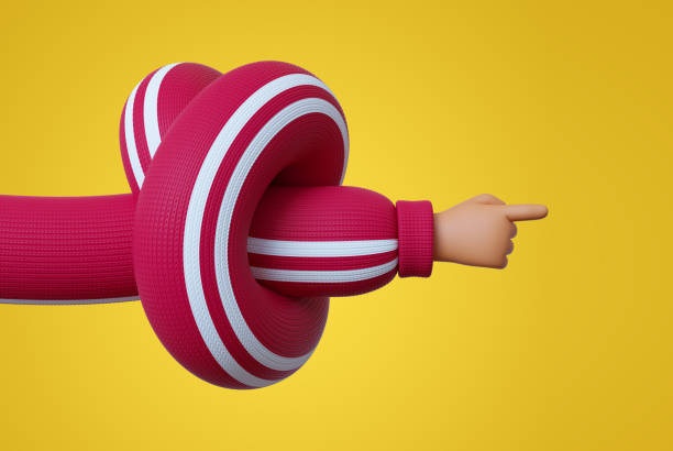 istock 3d render, funny cartoon character knotted hand in red sleeve, finger pointing right direction, clip art isolated on green background 1272593261