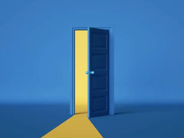 Photo of 3d render, yellow light going through the open door isolated on blue background. Architectural design element. Modern minimal concept. Opportunity metaphor.