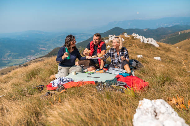 istock Three adult people having picnic in mountains 1272593998
