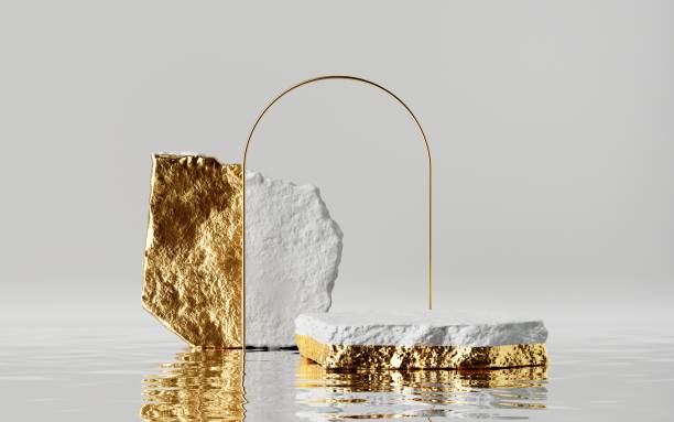 istock 3d render, abstract trendy background with golden arch, cobbles and reflection in the water on the wet floor. Modern minimal showcase for product displaying 1272594152