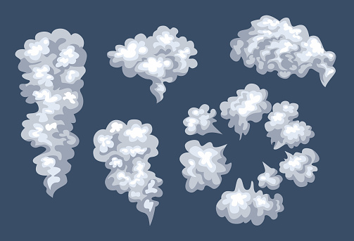 Smoke set. Dust clouds isolated. Explosion. Vector cartoon flat illustration.