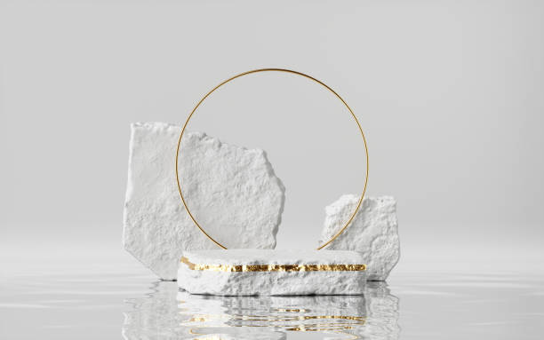 istock 3d render, abstract modern minimal background with cobblestones and reflection in the water on the wet floor. Trendy showcase with golden round frame and empty platform for product displaying 1272594222