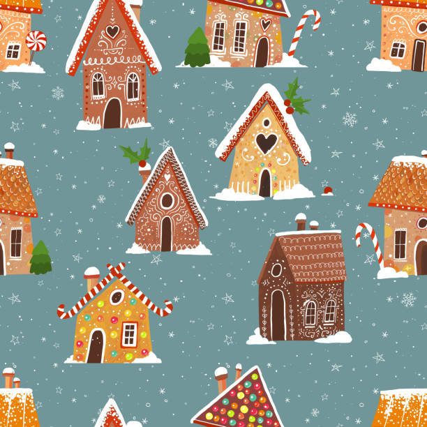 Seamless pattern with cartoon house gingerbread cookies. Can be used for wallpaper, pattern fills, textile, web page background, surface textures. Seamless pattern with cartoon house gingerbread cookies. Can be used for wallpaper, pattern fills, textile, web page background, surface textures gingerbread house cartoon stock illustrations