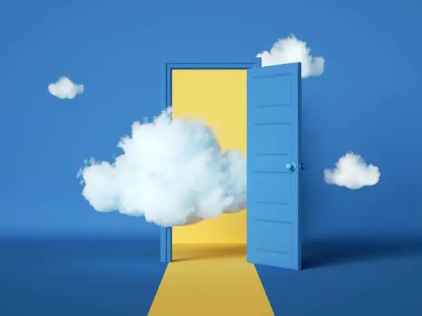 Photo of 3d rendering, abstract blue background with open door and white clouds flying out. Dream metaphor, modern minimal concept. Room interior scene