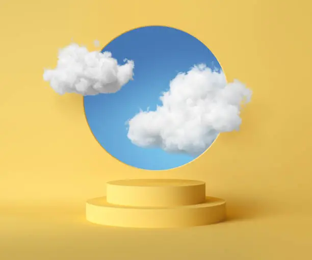 Photo of 3d render, abstract background with blue sky inside the round hole on the yellow wall. White clouds fly through the window above the empty podium. Blank showcase mockup