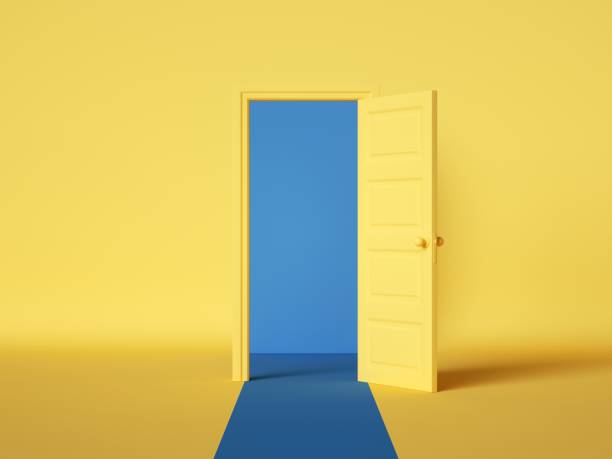 istock 3d render, yellow blue background with open door. Room interior design element. Modern minimal concept. Opportunity metaphor. 1272594313