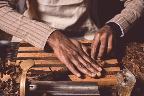 primo piano delle mani degli uomini che fanno sigari dalle foglie di tabacco. produzione tradizionale di sigari. ndimostrazione della produzione di sigari fatti a mano. mani che rotolano foglie di tabacco essiccate e stagionate. - cigarette wrapping foto e immagini stock