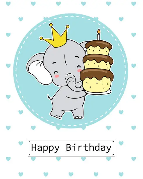 Vector illustration of Boy birthday card. Elephant with cake.