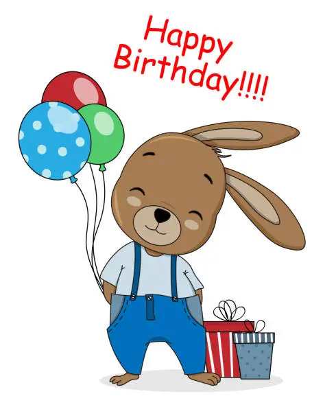 Vector illustration of Birthday card. Cute rabbit with balloons and gifts.